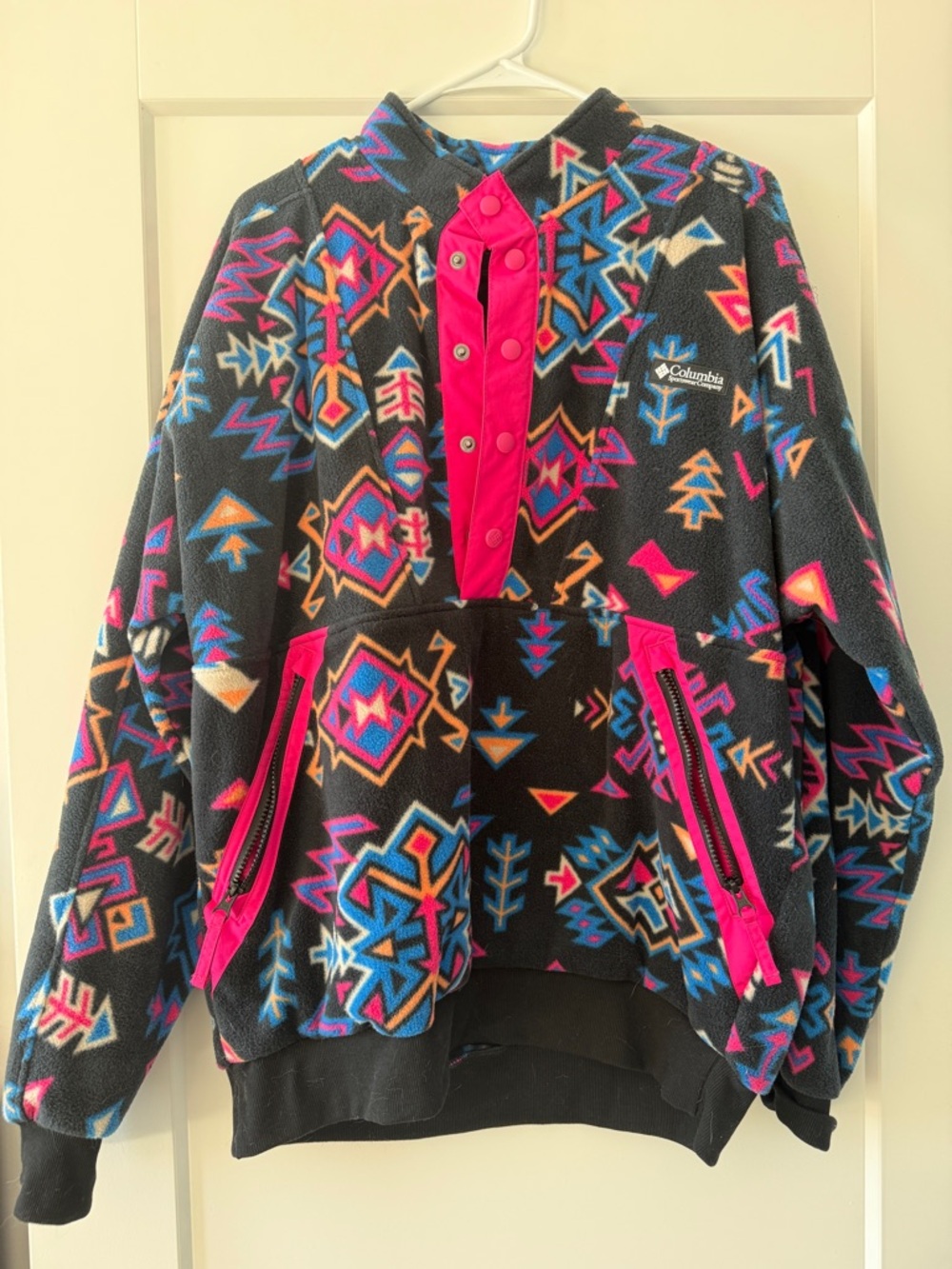 Columbia Women’s Black Aztec-Print Ski Fleece Jacket with Pink Accents